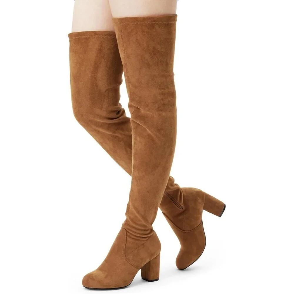 Women's Camel Suede Inner Zipper Thigh High Over The Knee High Heel Boots